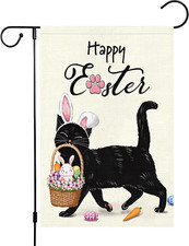 Happy Easter Garden Flag 12X18 Double Sided Burlap, Small Vertical Black Cat Rab