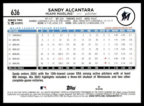 2024 Topps Series 2 #636 Sandy Alcantara Miami Marlins - Picture 2 of 2