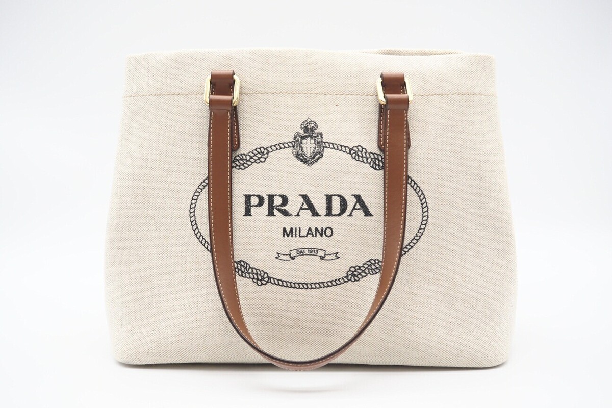 Prada Prada/Tote Bag 1Bg356 Canvas Linen Blend Leather Logo Prada Prada/Tote Bag 1Bg356 Canvas Linen Blend Leather Logo