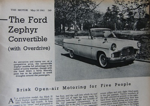 Original 1961 FORD ZEPHYR CONVERTIBLE Mk2 overdrive Motor mag road test No 17/61