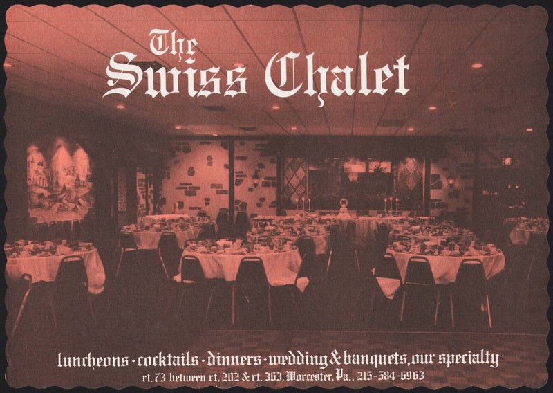 Vintage placemat THE SWISS CHALET restaurant interior pic Worcester Pennsylvania