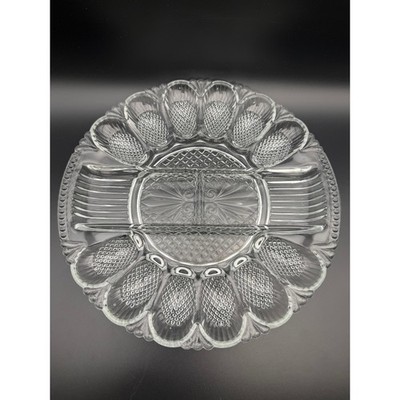 Vintage Clear Pressed Glass Deviled Egg Serving Platter 12 Slot Diamond Sunburst