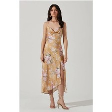 ASTR the Label Gaia Dress in Mustard Floral Satin Midi Womens Size L