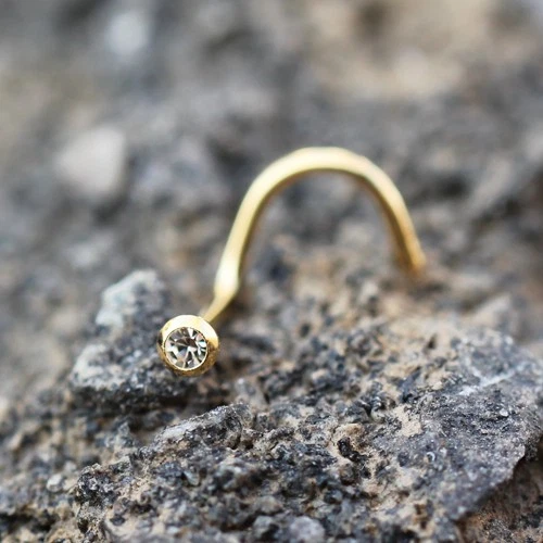 Yellow Gold Plated Screw Nose Ring with Press Fit Cubic Zirconia ***** - Image 2 of 3