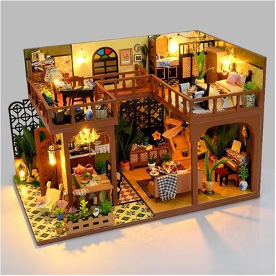 Diy Puppenhaus mit Staubschutzhülle Vintage Holz Lichtset Bastelset Geschenk