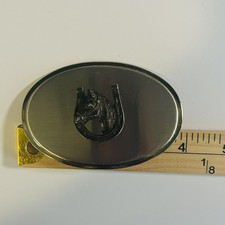 Vintage Oval Belt Buckle Raised Horse Head Medallion 2 Tone Silver w/Gold Edge