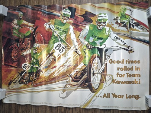 1970’S KAWASAKI FACTORY RIDERS POSTER LACKEY WEINERT GROSSI 33” X 23”
