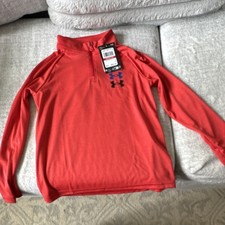 Under Armour Boys Red 1/4 Zip Pullover Long Sleeve T-Shirt Size YXSM