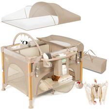Portable 5-in-1 Baby Bassinet Playpen with One-Hand Setup - Khaki
