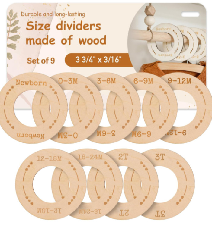 Baby Closet Dividers | 9-Pack Wooden Nursery Organizers | Hearts newborn to 3t