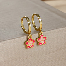 2PCS Gold Red Hoop Earrings Colorful Enamel Flower Huggie Earrings Women Girls