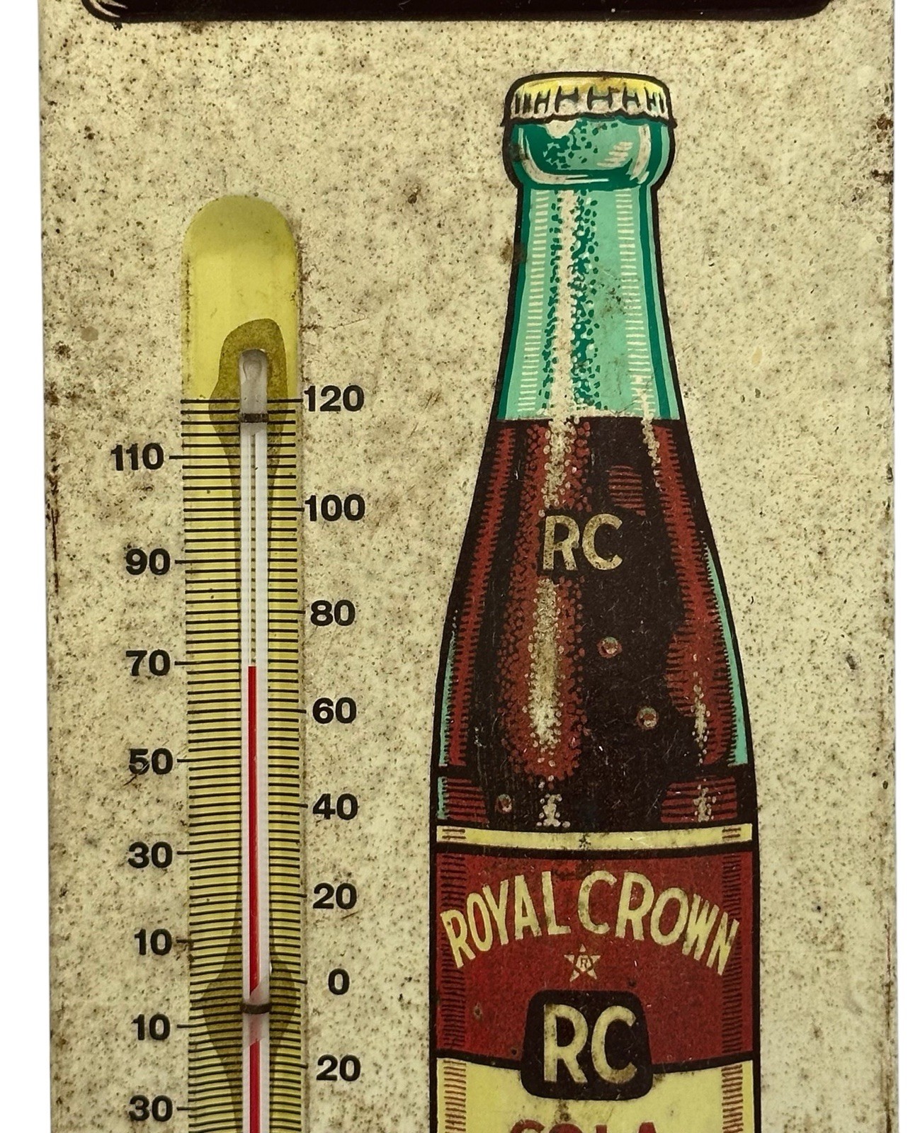 ORIGINAL ROYAL CROWN RC COLA ADVERTISING THERMOMETER SIGN RAISED BOTTLE