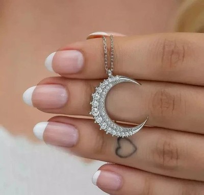Real Moissanite 2Ct Round Cut Crescent Moon Pendant 14k White Gold Plated 18''