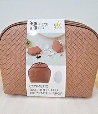Glo Tech 3 Pc Cosmetic Bag Set LED Compact Mirror Mocha Woven Makeup Travel Kit