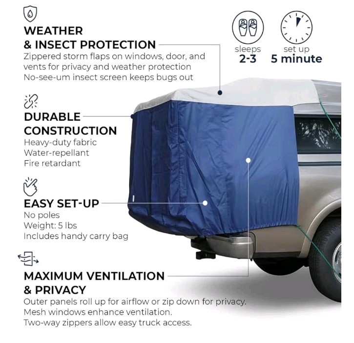 DAC DA2 Full-Size Truck Bed Tent for Caps– Fits Ford F-150, Chevy Silverado, ...