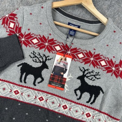 Chaps Sweater Womens Medium Gray Reindeer Snowflake Holiday Crew Neck Cotton