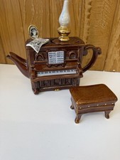 Teapottery Brown Piano Novelty Ceramic Teapot w/ Lid & Matching Stool 1 Cup