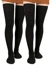 Women Thigh High Socks Extra Long Cotton Knit Warm Thick One Size 2 Pack Black
