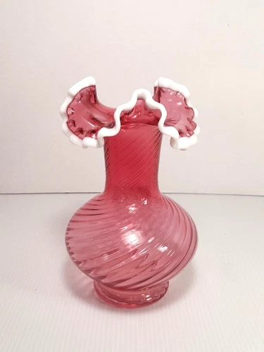 Fenton Art Glass Snow Crest Cranberry Red Opalescent Optic Swirl Vase 7.5" Tall