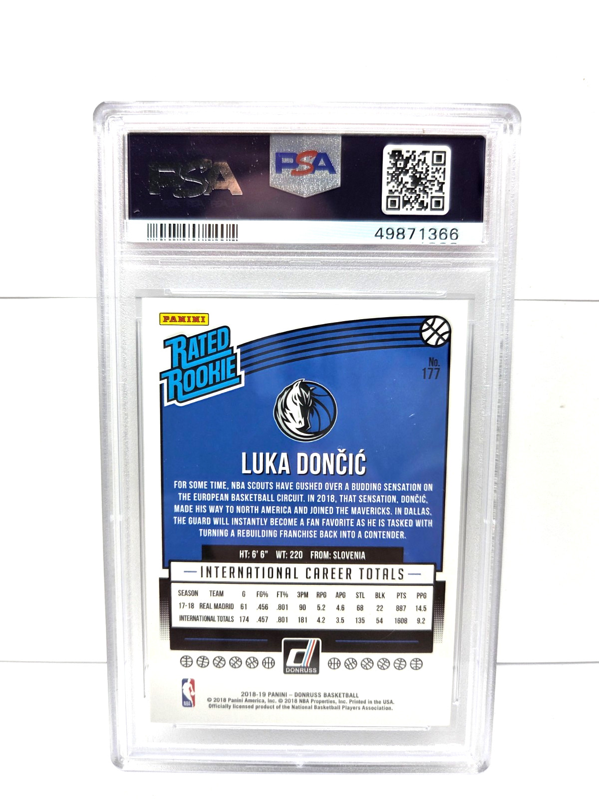 2018 Donruss Rated Rookie LUKA DONCIC RC Basketball Card PSA 9 MINT view 2