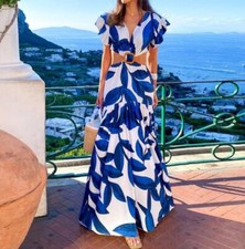 Women's 2024 Fashion Deep V Floral Cutout Falbala Fkared Maxi Beach Dress 6223 
