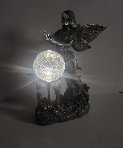 Fairy Garden Solar Light Ornament Bronze Effect LED Crackle Globe Outdoor Statue - Picture 2 of 10