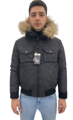 Herren Bomberjacke R Styled, schwarz mit abnehmbarem Fell aus Kapuze, -60%