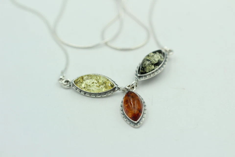 Collana In Ambra Tricolore In Argento Sterling 925 Ca 42 Cm - Immagine 3 di 4