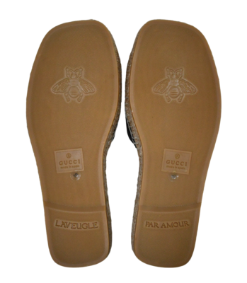 GUCCI INTERLOCKING G CUT-OUT Black Leather Jute SLIDES Men display picture 3