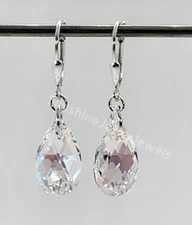 M/w Sterling Silver Swarovski Crystal Clear Shimmer Pear 6106 Earrings Leverback