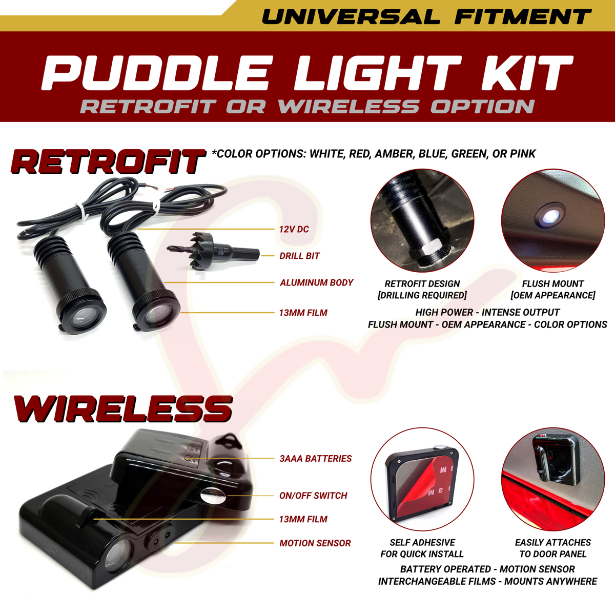 2Pc Universal Puddle Light Kit - DIY Retrofit/Wireless for