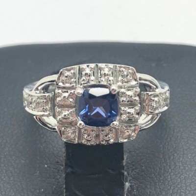 Sterlingsilber 925 erhöht blau Saphir CZ Halo Quadratischer Link Cocktailring 7