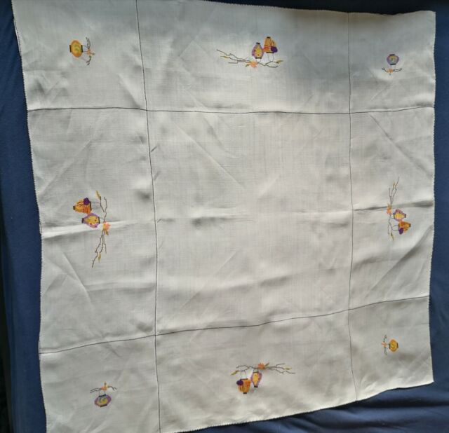 VINTAGE HAND EMBROIDERED TEA CLOTH WITH CHINESE LANTERN DESIGN
