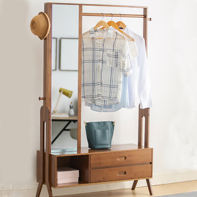 Bamboo Multi-Function Hall Tree with Full-Body Mirror & Storage Solutions