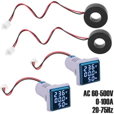 2PCS Digital Voltmeter Ammeter Frequncy Meter LED AC 60-500V 0-100A 20-75Hz 22mm