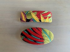 2 Vintage 80s Hair Barrette Tropical Abstract Leaves Red Yellow Green Rectangle