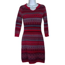 Athleta Womens Fara Red Fair Isle Stripe Sweater Knit Dress Sz XS Fit Flare