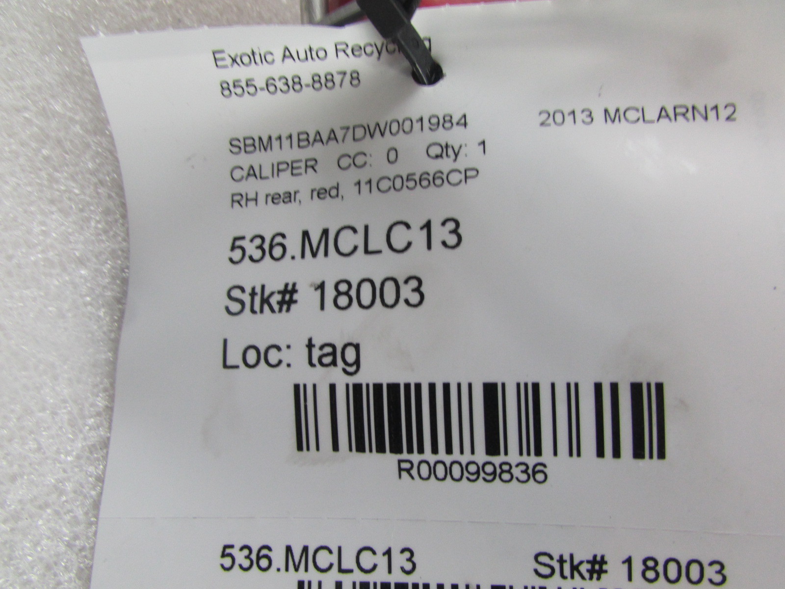 McLaren MP4-12C, RH, Right Rear Brake Caliper, Red, Used, P/N 11C0566CP