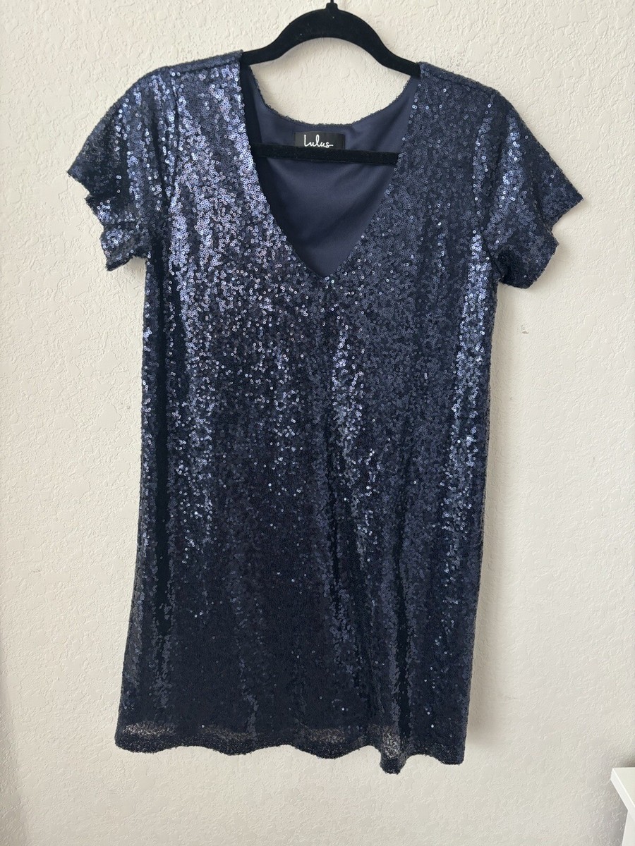 light up the night navy blue sequin shift dress Penny Lane Navy Sequin Mini Dress - US 4