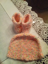Handmade crochet set white multi color thread yarn baby girl hat and booties