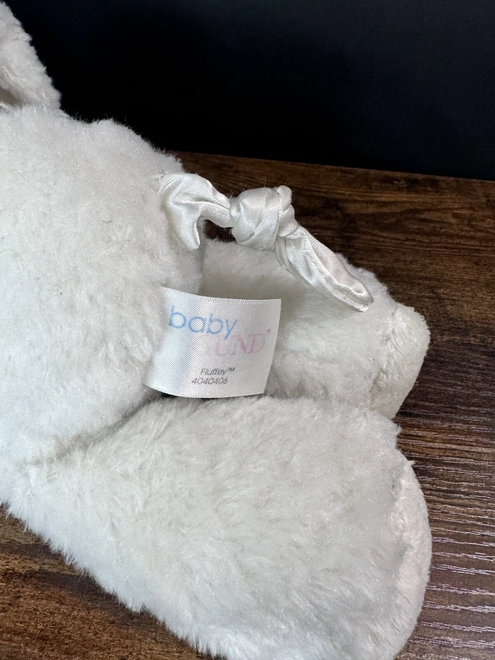 Baby Gund FLUFFEY Blanco Cachorro Perro Peluche Orejas Satinadas Cola Anudada Relleno Lovey Foto 4 de 4