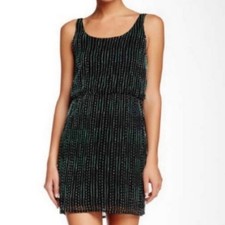 Alice + Olivia Gabby Beaded Silk Blouson Mini Tank Dress Black and Green Medium