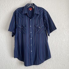 VTG Ely Plains Western Pearl Snap Shirt L Blue Striped Short Sleeve Rodeo