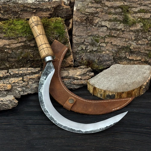 Hand-Forged Garden Sickle, 52100 Steel Blade, Hand Scythe, Harvest Cutting Tool