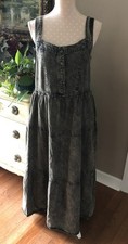 Vtg 90s Acid Wash Black Denim Jumper Dress Grunge Maxi Button Bodice Women’s M