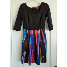 Betsey Johnson VTG Black Fit Flare Dress Abstract Print Pockets Size 6 Artsy Y2K