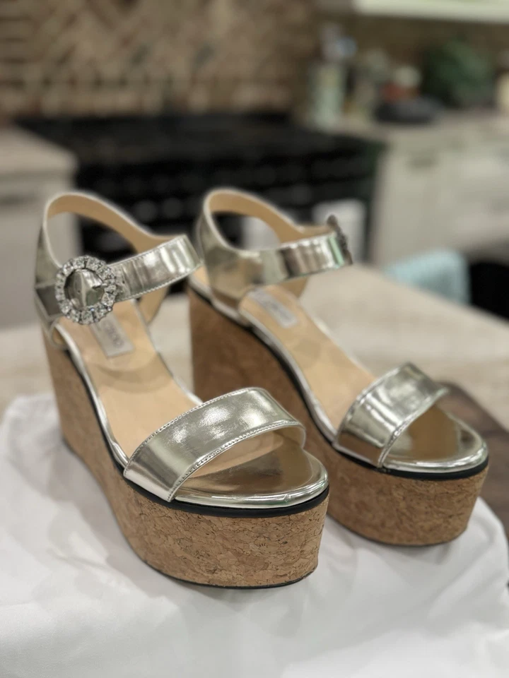 Jimmy Choo “Nylah” Metallic Silver Cork Platform Crystal Buckle Sandal 38EU/8US - Image 2 of 4