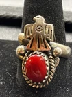 VTG Native American Navajo Sterling Silver Red Coral Thunderbird Ring Sz 11