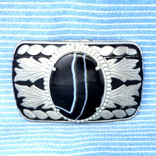 Western Floral Belt Buckle Black Banded Agate Cowgirl Cowboy Vtg 70s 80s .CPA862