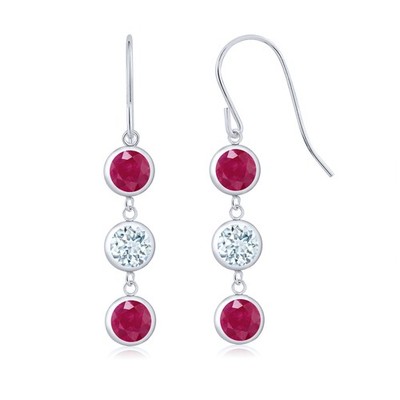 925 Sterling Silver Ruby and Aquamarine 3 Stone French Wire Dangle Earrings For